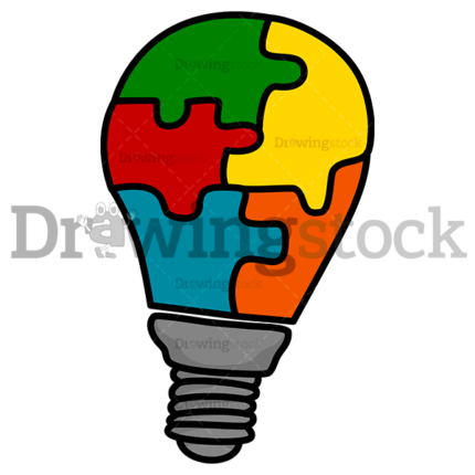 Light bulb of creativity with a color puzzle watermark