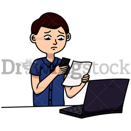 Worried young man with a phone and a document in hand watermark