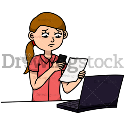 Worried young woman with a phone and a document in hand watermark