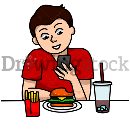 Happy Man Eating Burger And Looking At His Phone Watermark