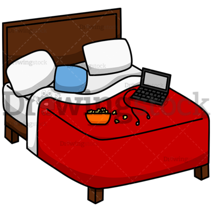 Unmade and disorganized bed with laptop watermark