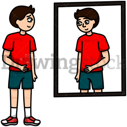 A Skinny Boy Looking At Himself In The Mirror Happily Watermark