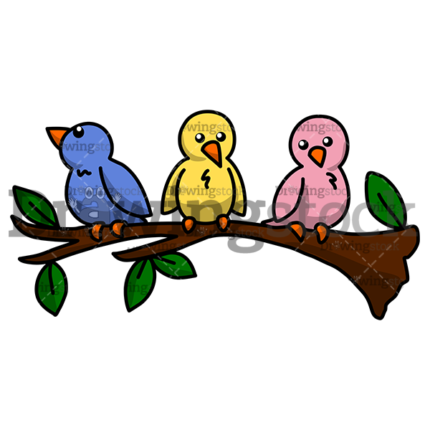 Three cute little birds sitting on a branch