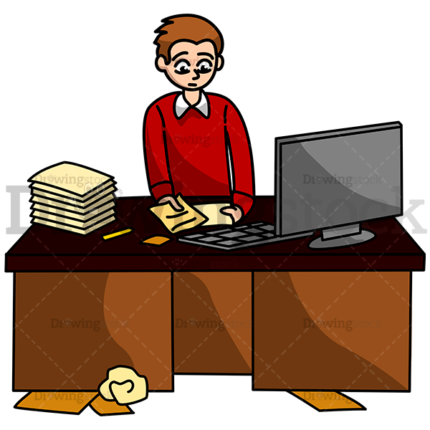 Man Trying To Tidy Up His Desk Watermark